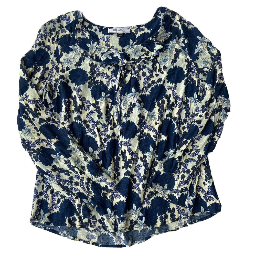 Eden Society Blouse Sz M Womens Blue Long Sleeve Floral Work School See Measur